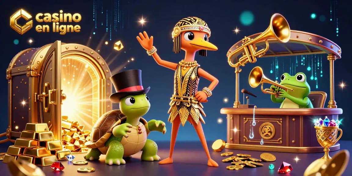 Explorez un casino en ligne avec une illustration dynamique, comprenant des symboles de jeu captivants.