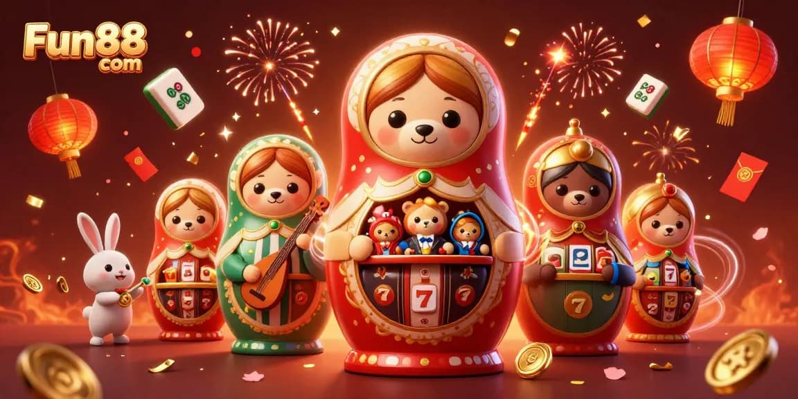 Experience the excitement of Fun88 com with vibrant casino-themed 3D illustration showcasing playful characters and festive elements.