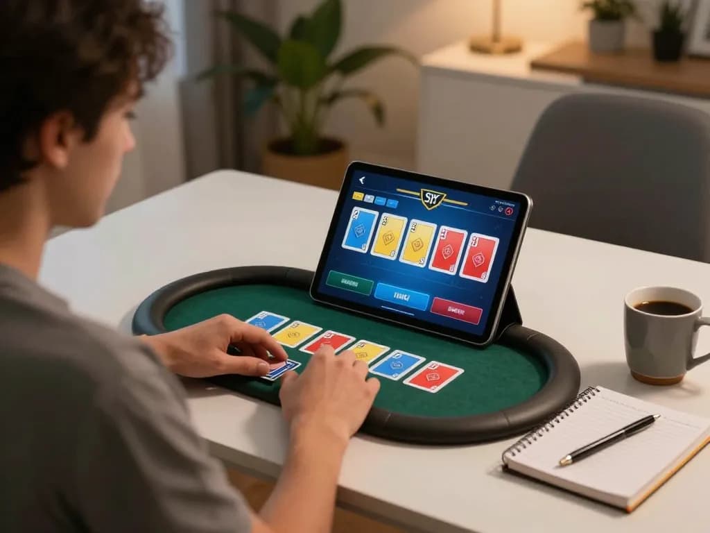 uu88 player strategizing in an online poker game on a modern tablet at home