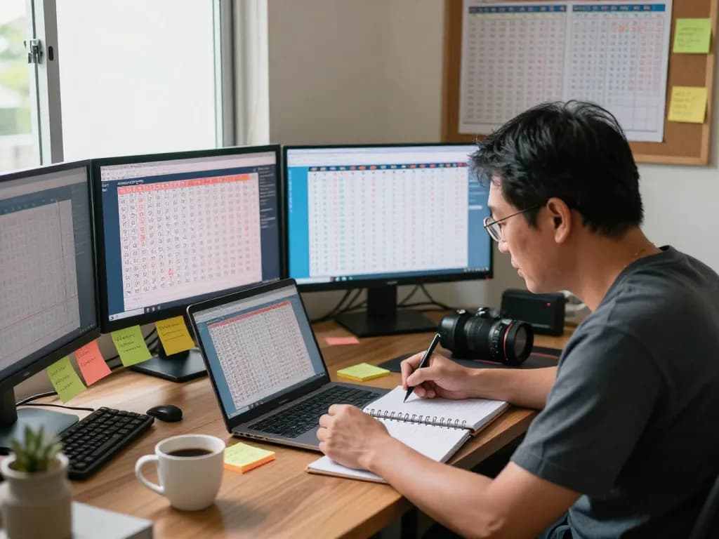 Keluaran HK analysis in a cozy home office with multiple screens showing lottery data and results.