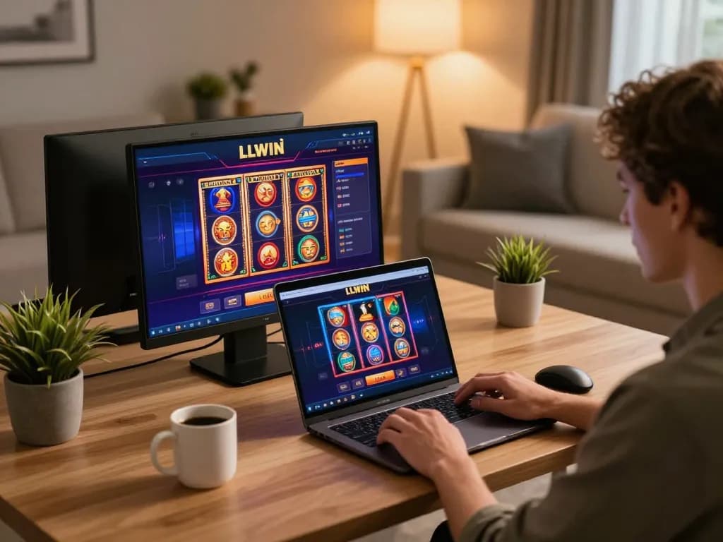 Engaging in online gaming at LLWIN with vibrant graphics on laptop in cozy home office.