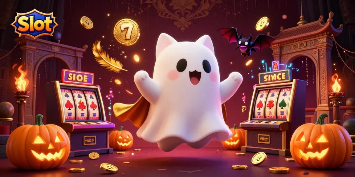 Catch thrilling Slot action with a ghost cat, vampire bat, and glowing poker jack-o-lanterns in a haunted casino.