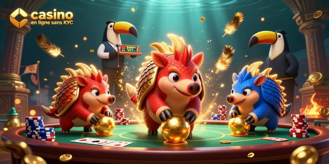 Jouez au casino en ligne sans KYC avec des pangolins rivaux et des jetons de poker à travers une scène dynamique.
