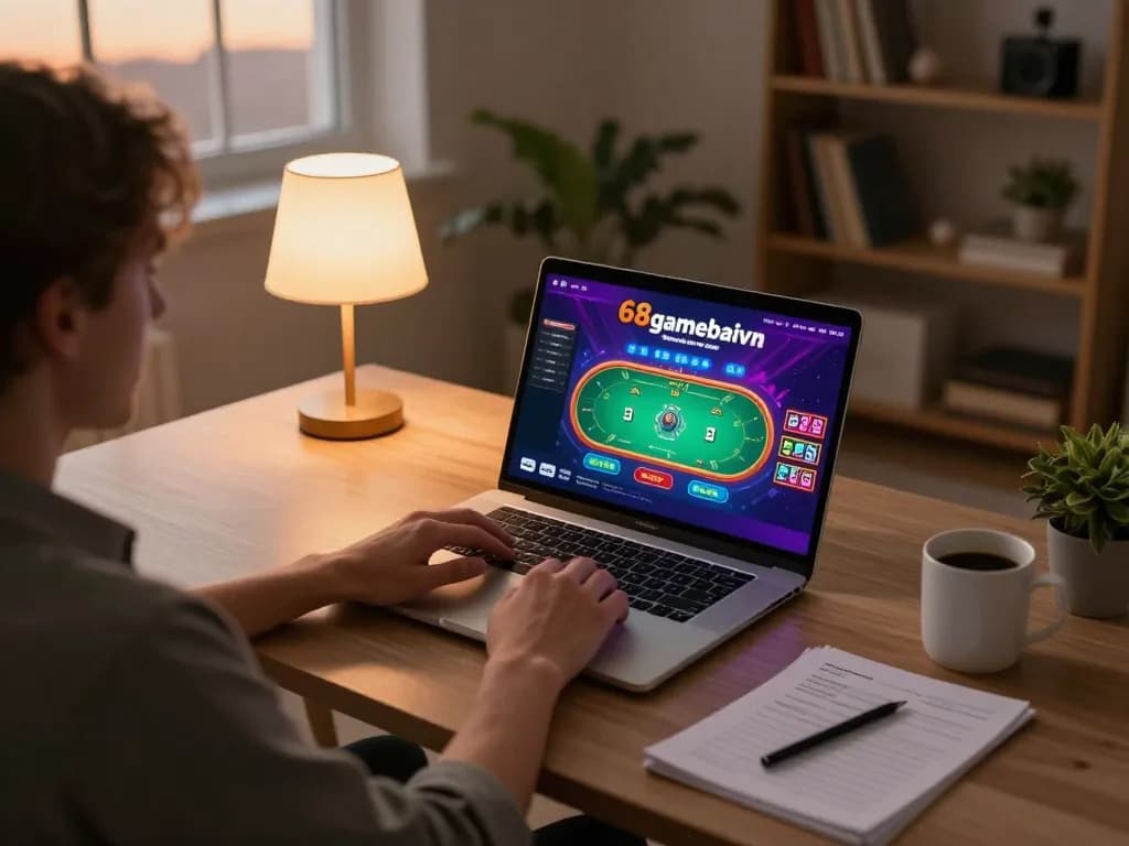 Engaging in online poker gameplay at 68gamebaivn from a cozy home desk environment, highlighting strategy notes.