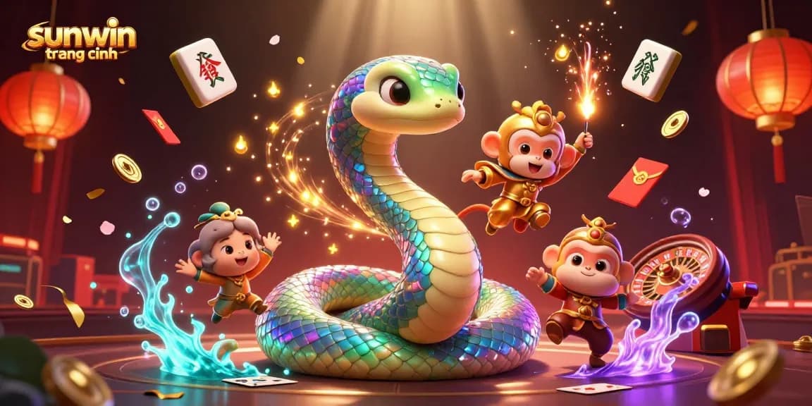 An engaging scene of sunwin trang chính featuring a colorful serpent, monkey king, casino elements, and festive decorations.