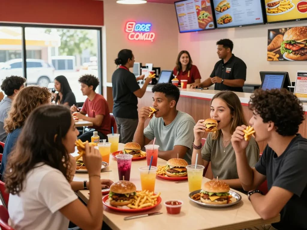 A diverse group enjoying a lively fast food menu experience at a restaurant.