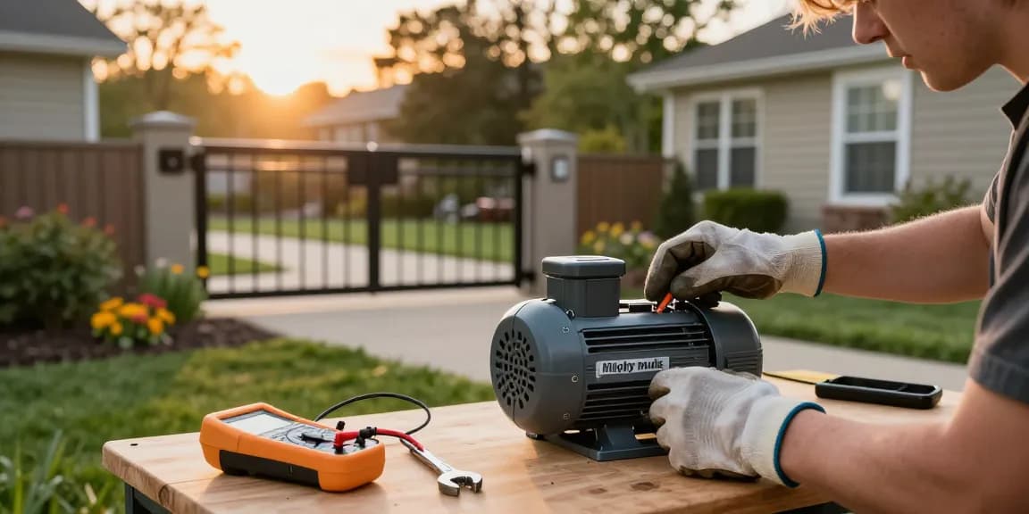 Mighty Mule gate opener common problems being addressed by a homeowner, showcasing tools and troubleshooting in a warm suburban backyard.