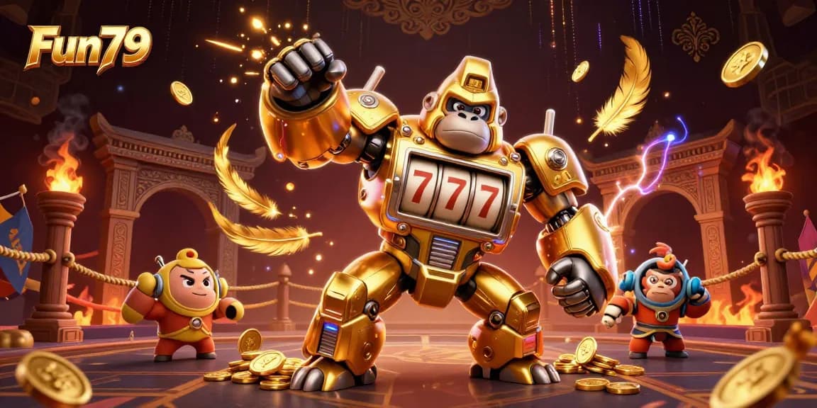 Engage with Fun79's thrilling gaming experience featuring golden gorilla mech and dynamic casino elements.