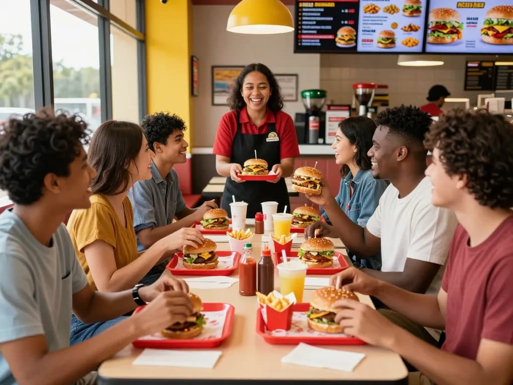 Friends enjoying a diverse fast food menu at a vibrant restaurant.