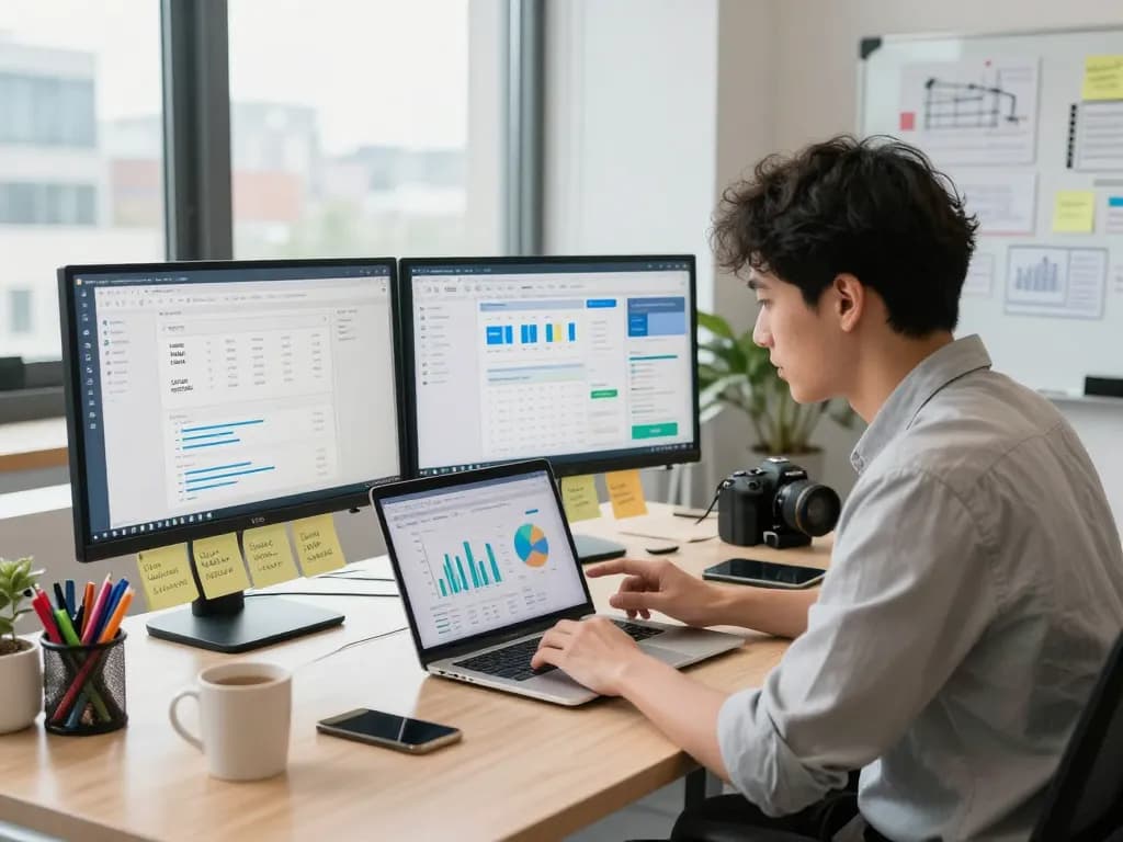 Digital marketer analyzing group buy SEO tools in an innovative workspace
