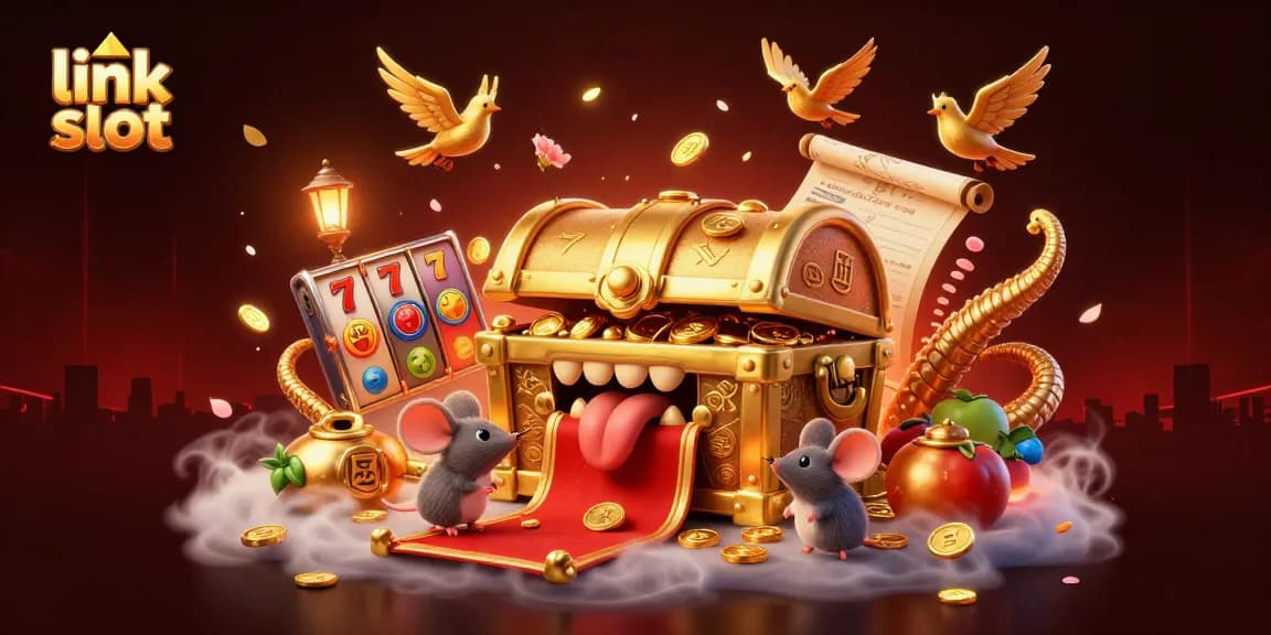 Menang besar di permainan link slot dengan simbol keberuntungan dan harta karun di sekitar.