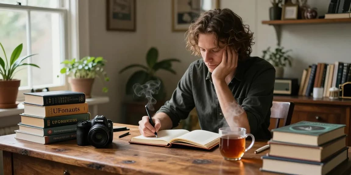 T Allen Greenfield immersed in writing at his desk, with stacks of books including UFOnauts, captured for https://tallengreenfield.com.