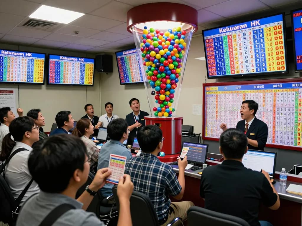 Keluaran HK live draw event with excited players, colorful lottery balls, and vibrant atmosphere