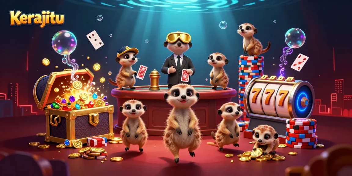 Experience kerajitu in a vibrant gaming scene with meerkats managing slot machines and cards.