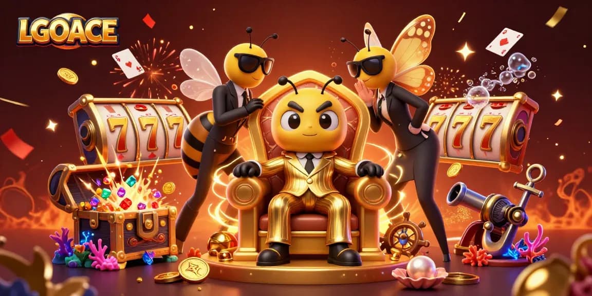 LGOACE captivates players with vibrant slot reels and a whimsical bumblebee mob boss illustration in a casino setting.