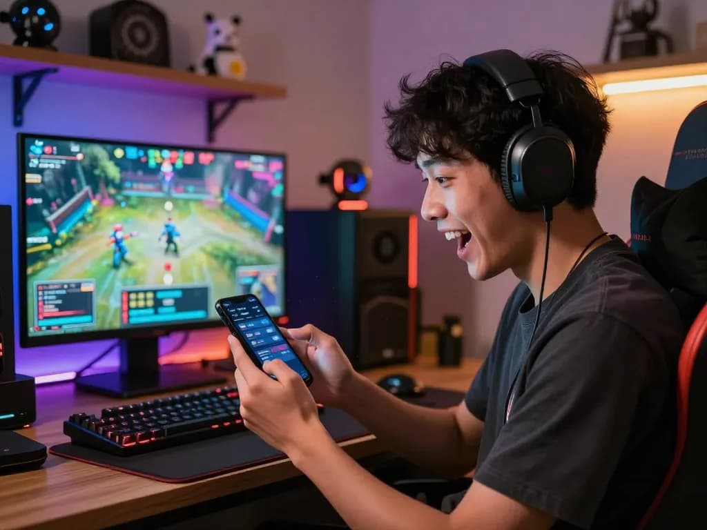 Excited bettor using an app for esports betting singapore in a colorful gaming room