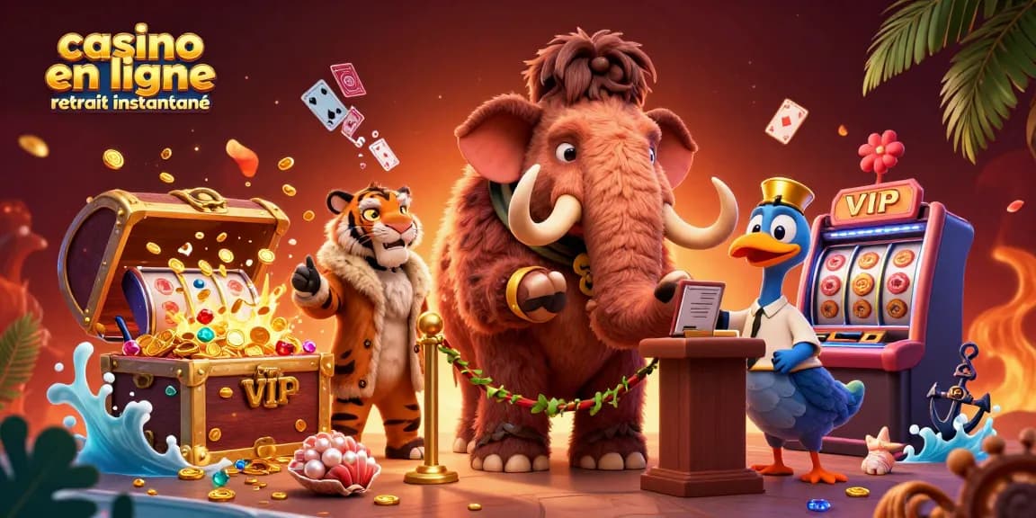 Profitez de l'illustration vibrante d'un casino en ligne retrait instantané avec des personnages animés et des machines à sous étincelantes.