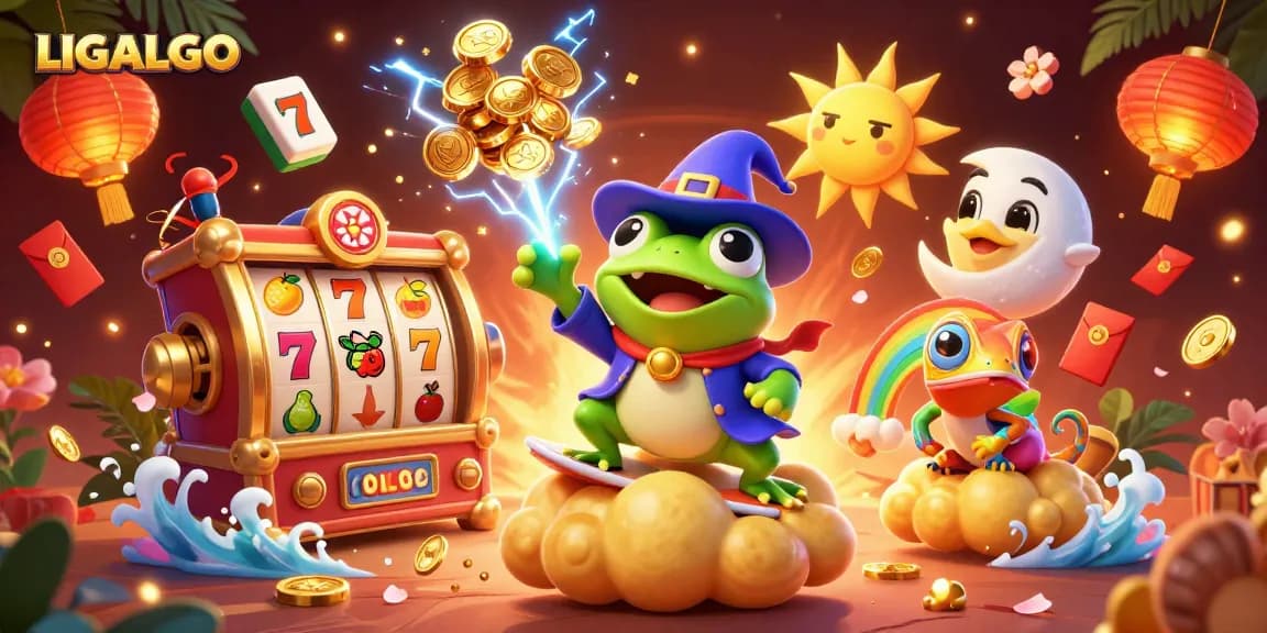 LIGALGO celebrates casino wins with a dynamic illustration showcasing golden coins, slot machines, and vibrant characters.