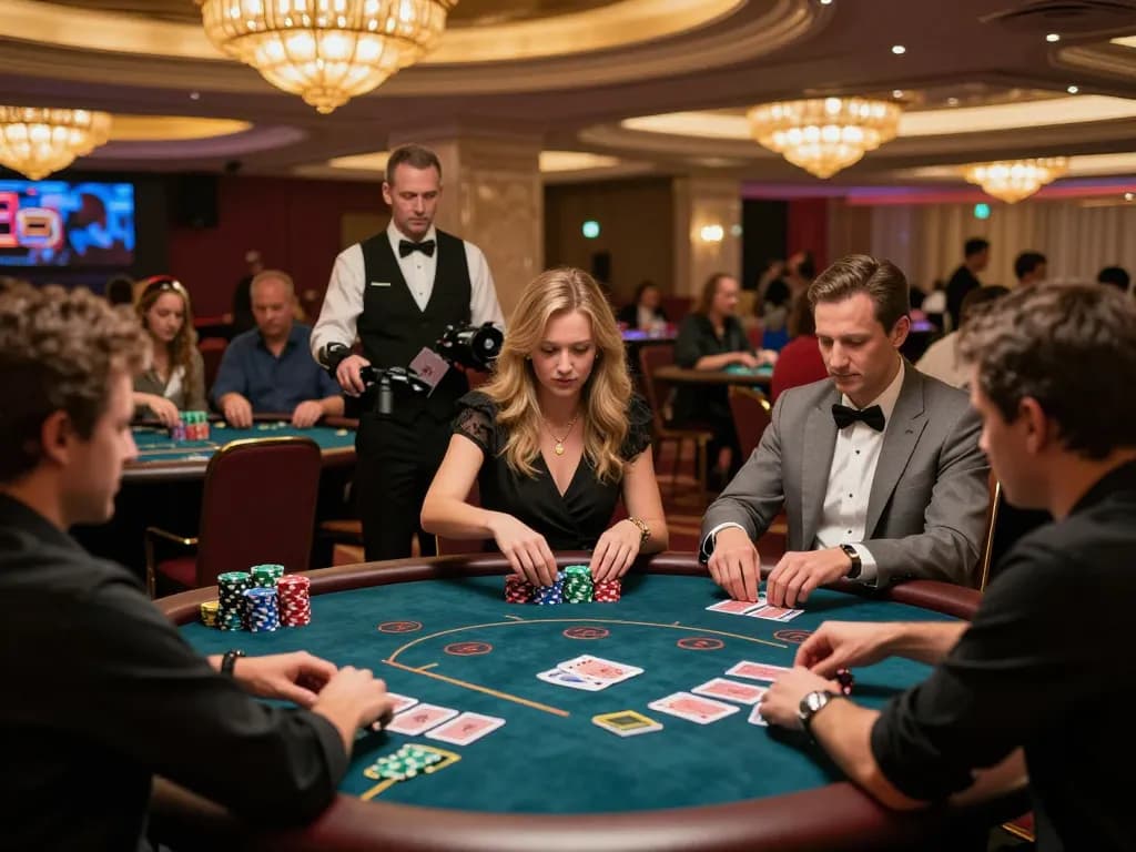 O8 players placing bets at poker tables in a vibrant casino atmosphere, showcasing excitement and strategic gameplay.