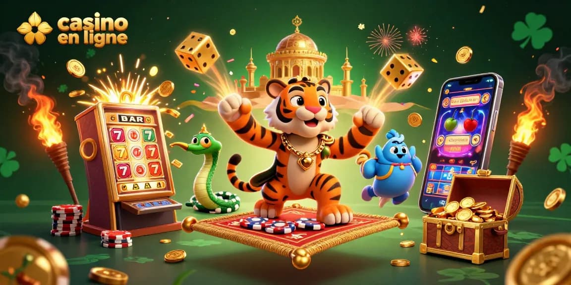 Découvrez une scène dynamique de casino en ligne avec des personnages colorés et des jeux animés.
