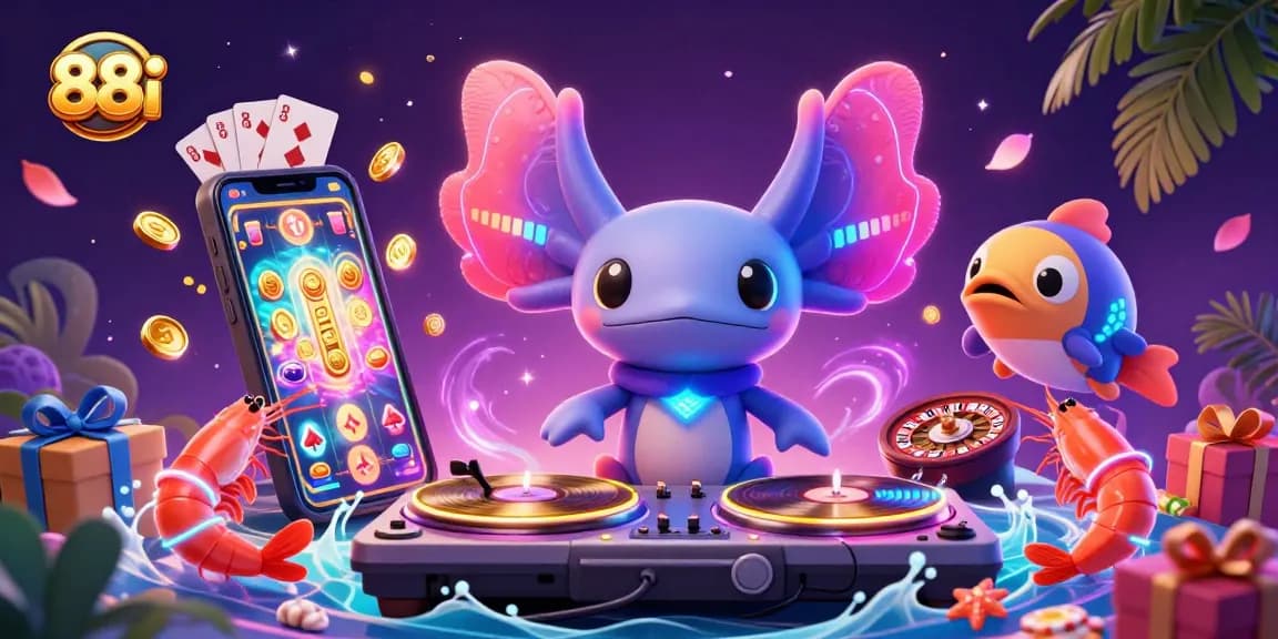 Engage with 88i through a vibrant casino scene featuring a DJ axolotl, dynamic gaming elements, and colorful characters.