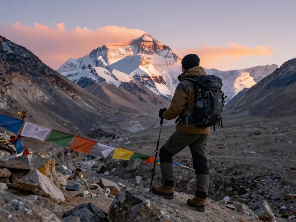 Everest Base Camp Trek traveler at sunrise with breathtaking mountain view, showcasing the adventure spirit of the Himalayas.