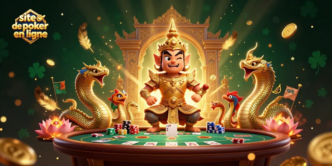 Profitez d'une partie sur le site de poker en ligne avec des gardiens, serpents et éléments de casino.
