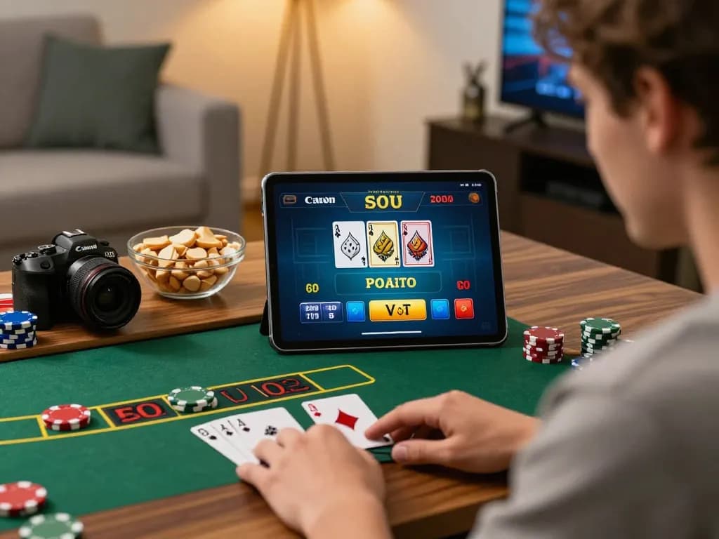Engaged player enjoying tr88 game at home using tablet for live dealer blackjack