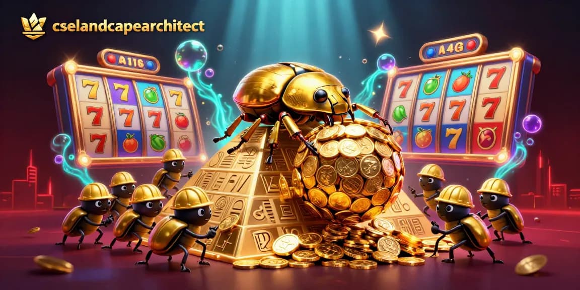 Experience the excitement of cselandscapearchitect with dynamic casino elements in a vibrant 3D illustration.