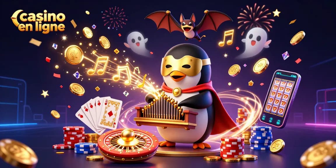 Jouez au casino en ligne avec un manchot fantôme dans un casino vibrant rempli de pièces d'or et de jeux