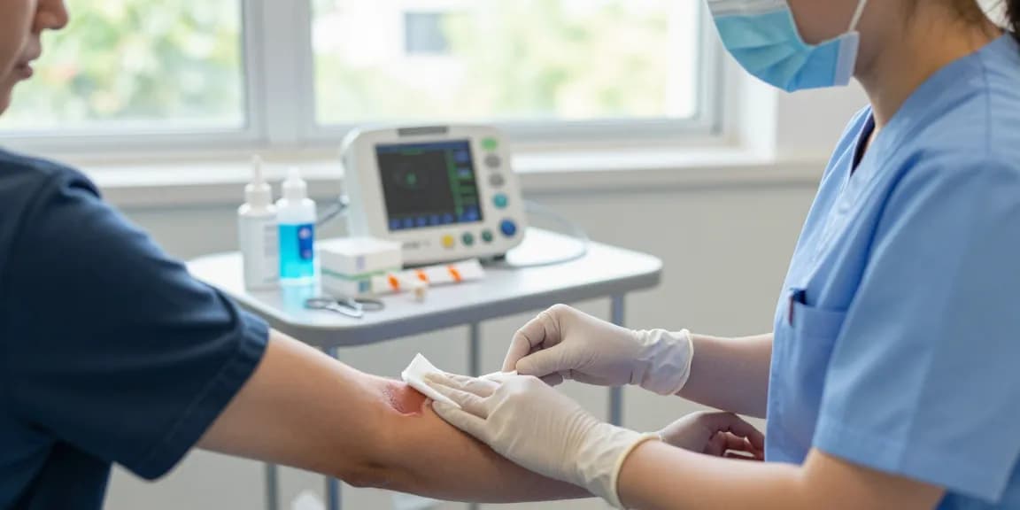 Patient receiving treatment with medical gauze in a healthcare setting, showcasing compassionate care and professionalism.