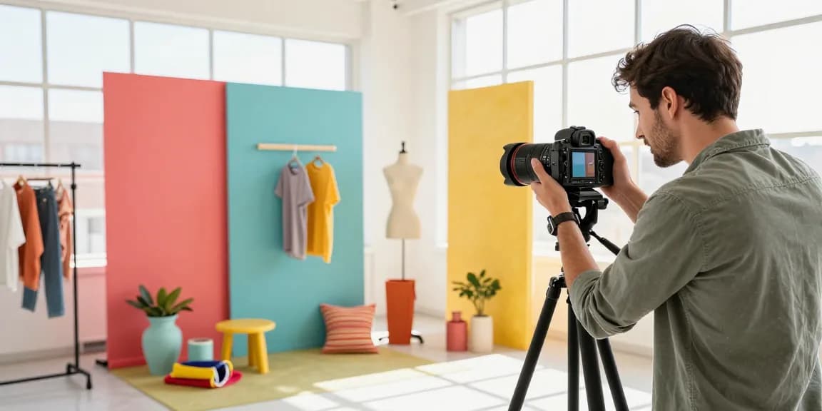 Photographe e-commerce en studio avec produits bien éclairés.