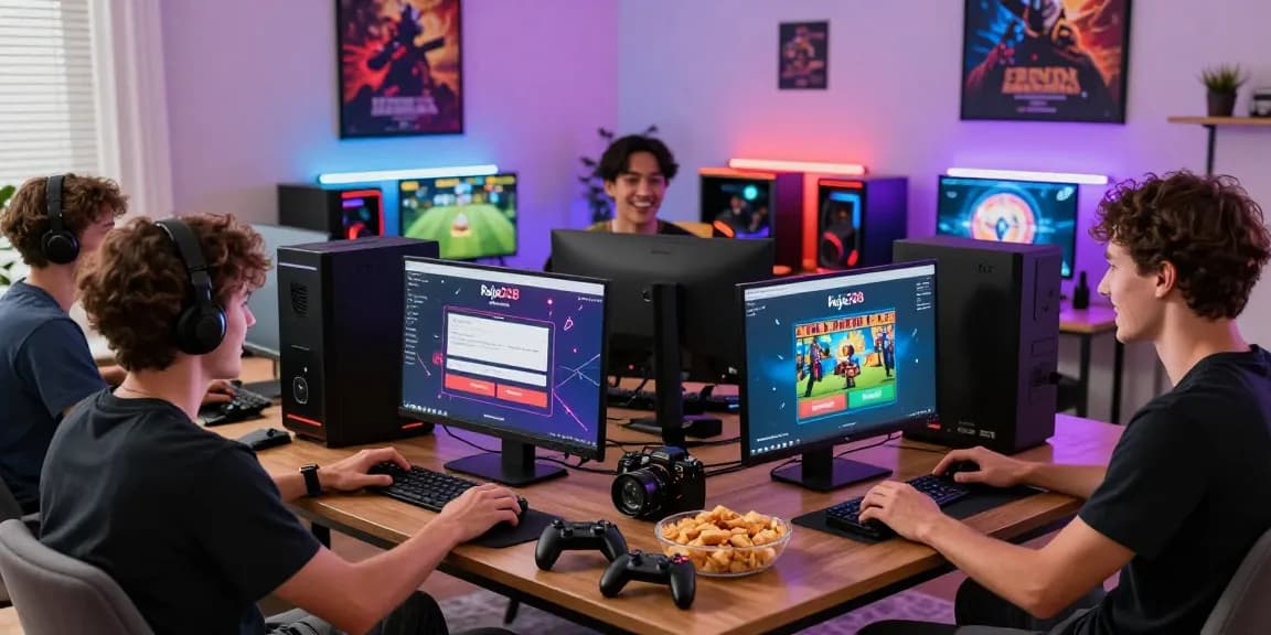 Engaging scene of friends logging into Raja328, enjoying gaming with snacks and controllers.