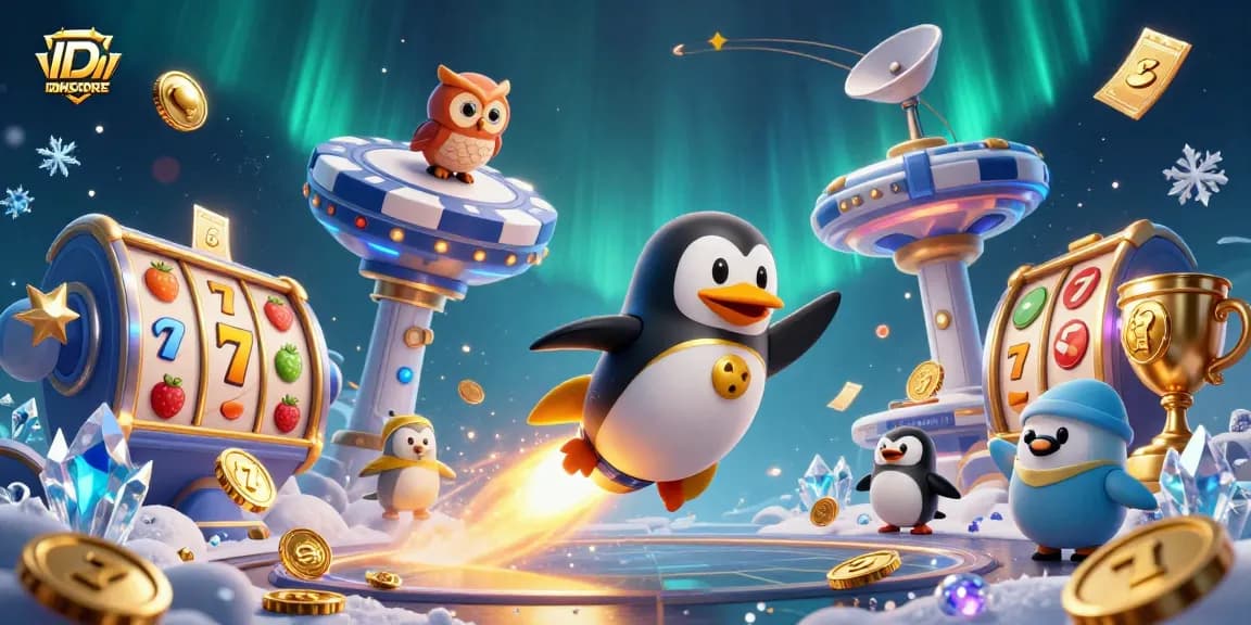 Experience IDNSCORE's thrilling online gaming with a vibrant 3D illustration of a golden penguin amidst casino elements.