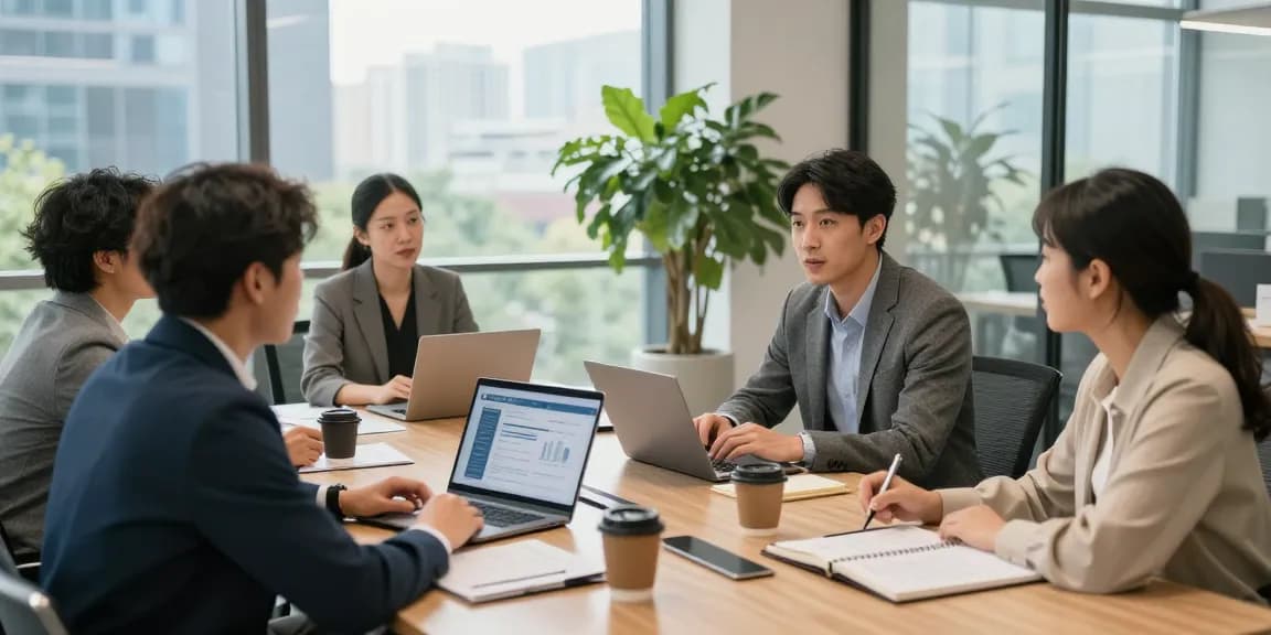 現代のオフィス環境で社保の窓口サービスについて話し合うコンサルタントたち。