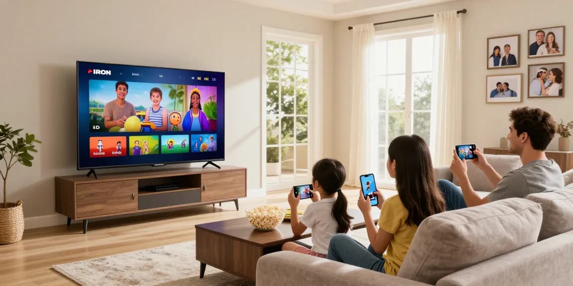Family enjoying IRON TV in a cozy living room, watching HD and 4K content together.