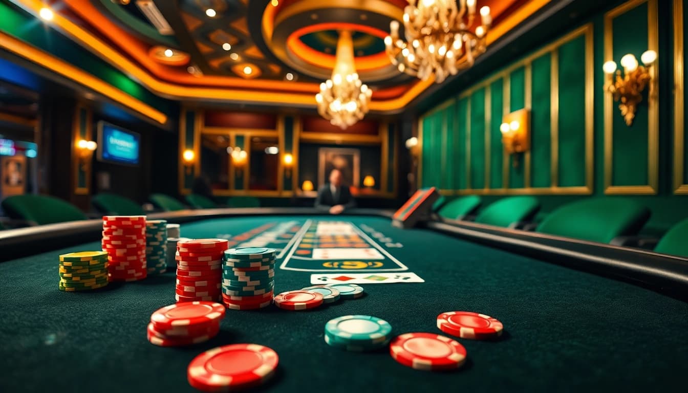 Menangkan permainan oja89 dengan meja kasino yang mewah dan chip berwarna-warni.