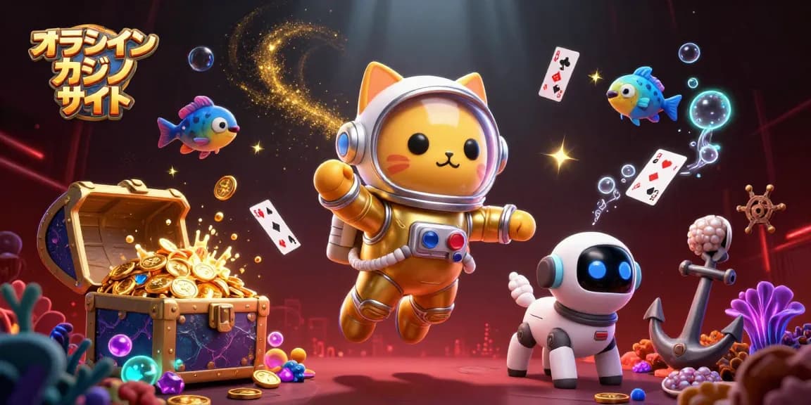 オンラインカジノサイトでの魅力を体験しよう！宇宙の猫とロボ犬が浮遊するイラスト