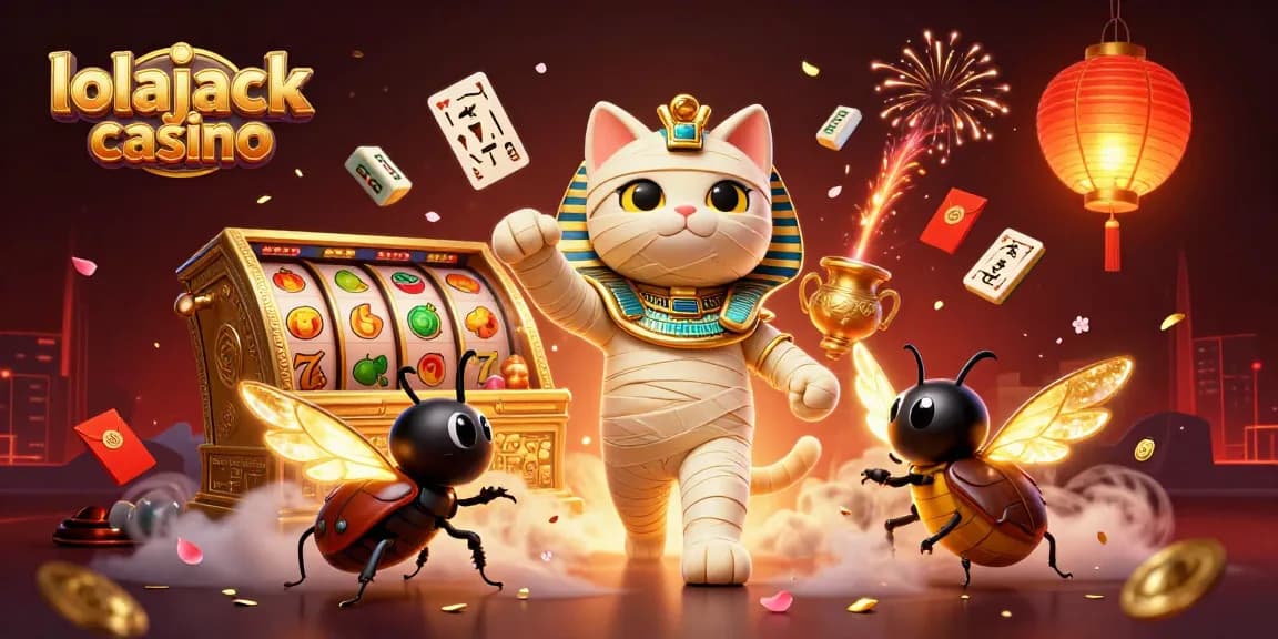 Experience the thrill of lolajack casino with a vibrant scene of a 3D mummy cat and symbols of fortune.