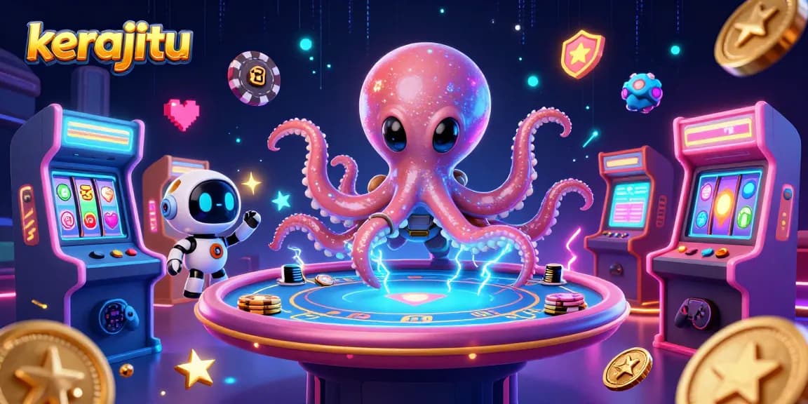 Kerajitu mengoperasikan meja poker holografis berputar dengan alien kartun dan robot teman yang energik.