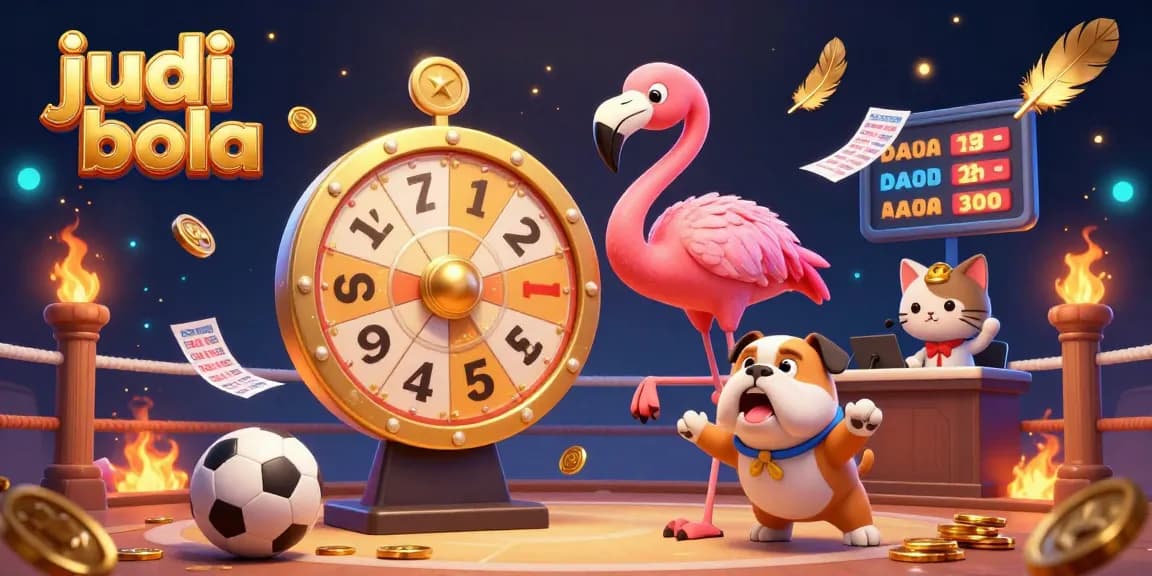 Engage in dynamic judi bola action with the game show host flamingo spinning the prize wheel in a lively sports betting scene.