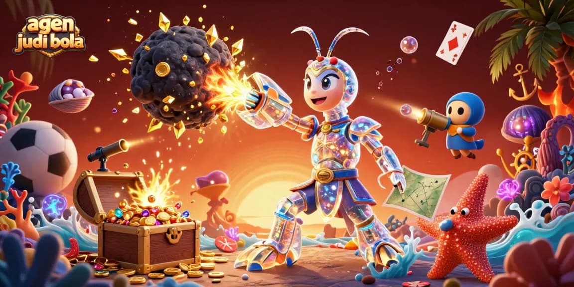 Win big with agen judi bola in this vibrant 3D scene filled with sports and casino elements.