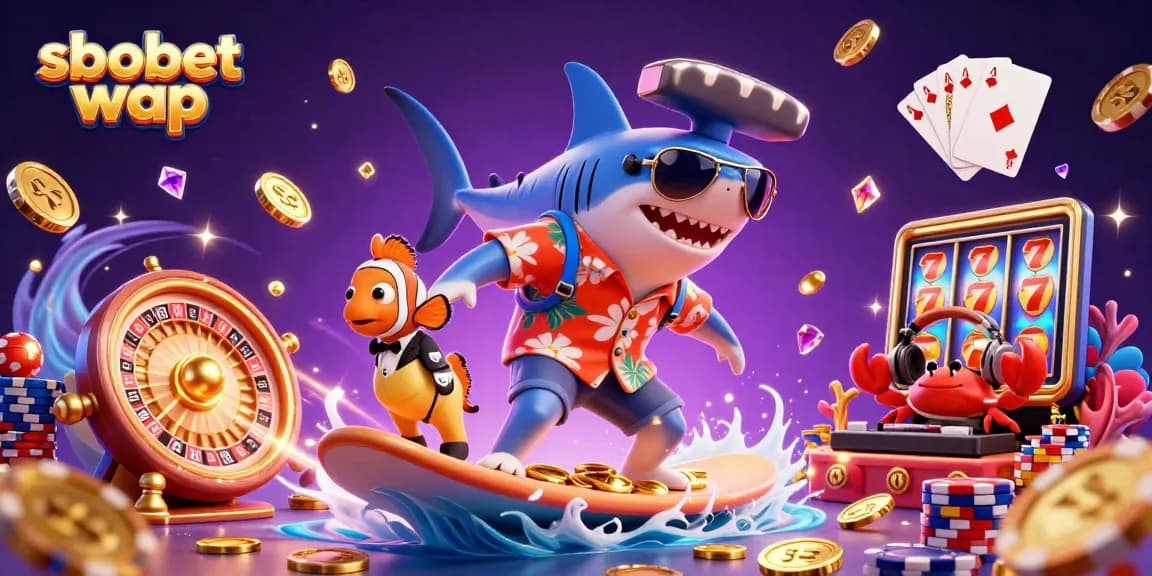 Experience sbobet wap with a lively scene featuring a shark and friends enjoying online betting fun.