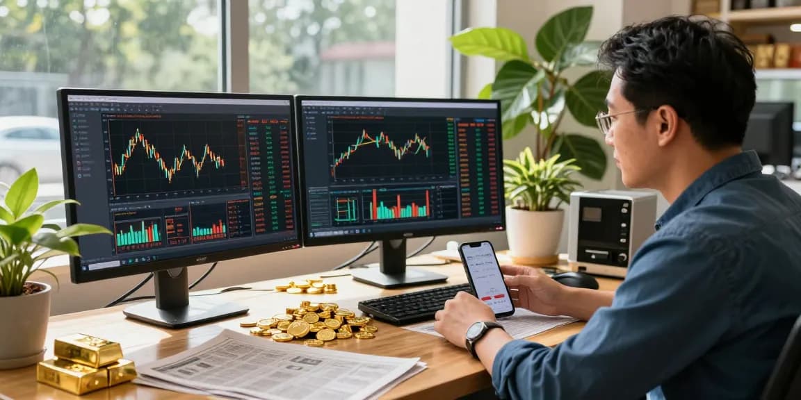 Analyse des prix du cours de l'or par un trader professionnel dans un environnement lumineux et dynamique.