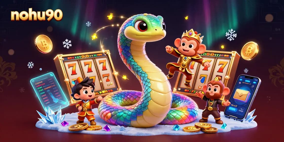 Nohu90 engages players with vibrant slot games amidst a whimsical scene filled with crypto elements.