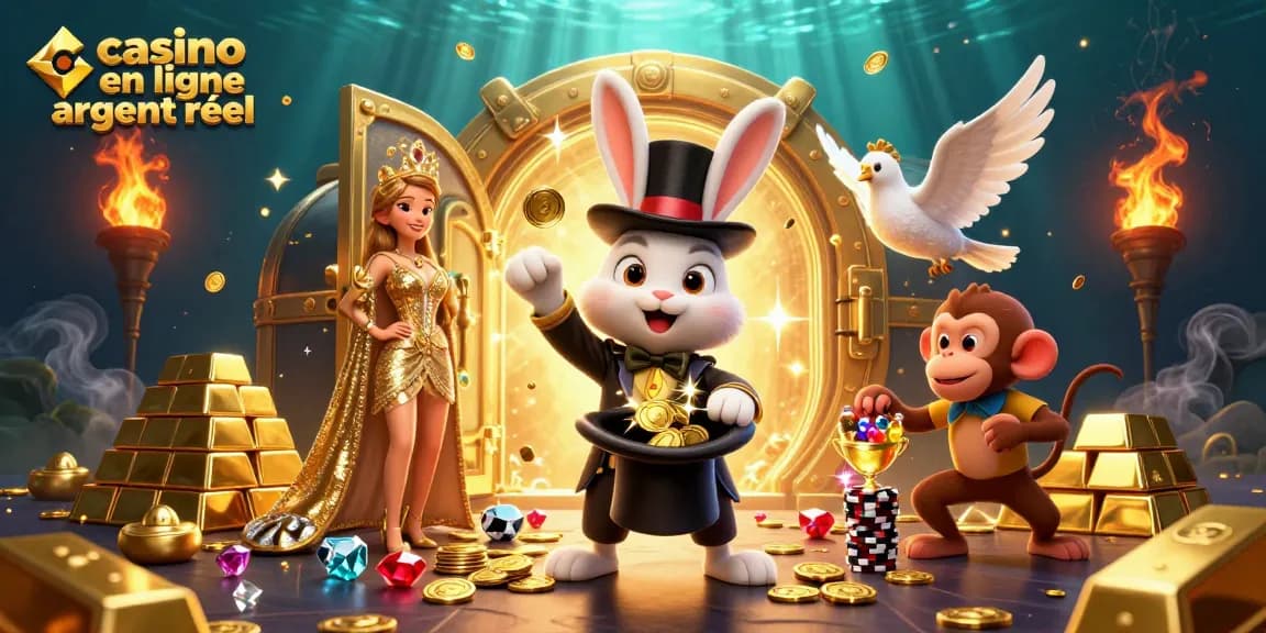 Illustration captivante de casino en ligne argent réel avec un lapin magicien, une colombe et un singe.
