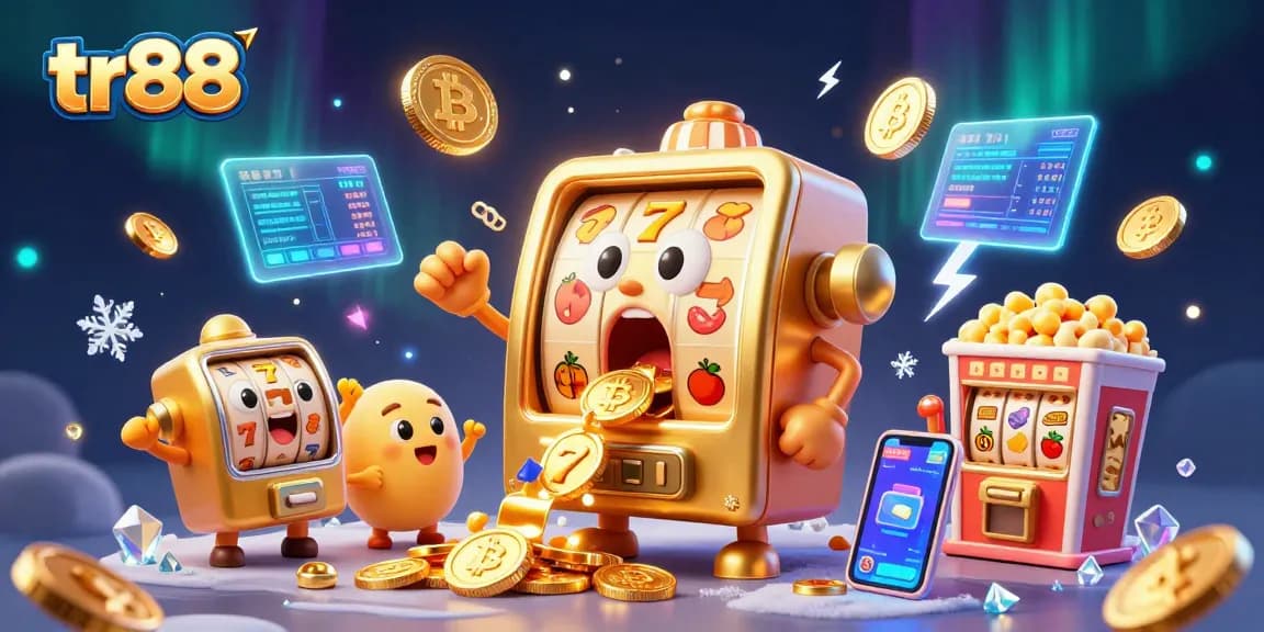 tr88 slot machine hitting jackpot as coins overflow, capturing vibrant casino thrill