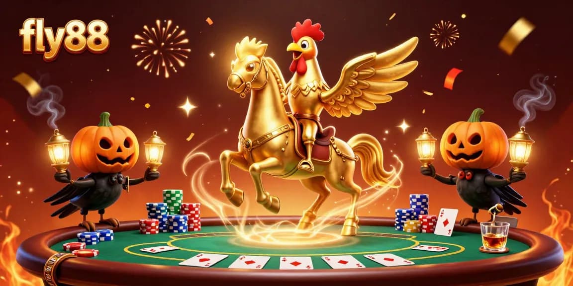 Exciting gameplay at fly88 depicted with a golden rooster and casino elements in a vibrant scene.