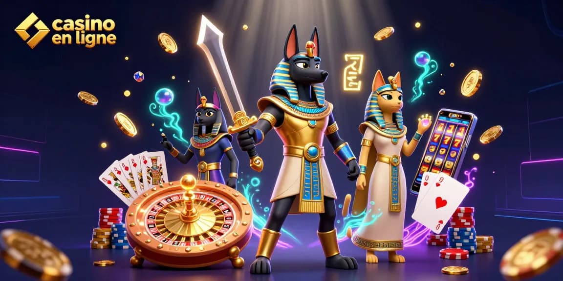 Découvrez les aventures au casino en ligne avec Anubis et Bastet, entourés de gains virtuels éclatants.