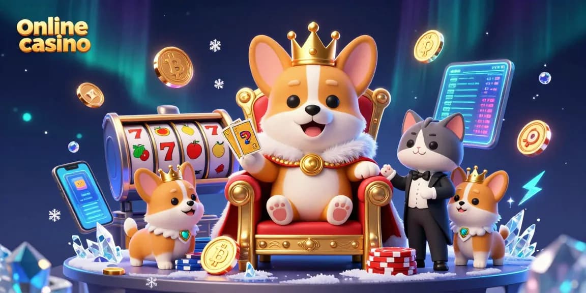 Experience the thrill at an online casino with a royal corgi surrounded by vibrant slot game elements.